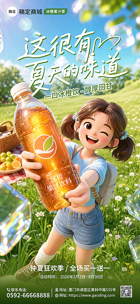 夏日果汁饮品促销活动宣传清新卡通风全屏竖版海报
