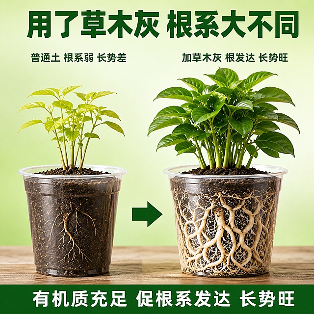 [主图-6] 根系发达效果对比图 促根壮苗展示
[氛围风格] 专业农业科普感，清晰直观的效果展示
[画质] 商业摄影质感、对比鲜明、细节清晰
[元素] 画面左右分栏对比。左侧：使用普通土壤的植物幼苗，根系稀疏短小，叶片偏黄瘦弱，种在透明塑料杯中，可以看到根部。右侧：使用草木灰的植物幼苗，根系发达茂密，白嫩粗壮，盘绕整个杯底，叶片浓绿厚实，长势旺盛，同样种在透明塑料杯中。两杯并排放置在木质台面上。背景为浅绿色渐变。两杯中间有一个向右的箭头符号。保持右侧植物的健康状态和根系发达的视觉效果。
[光影] 顶部均匀柔光，透明杯体通透，根系细节清晰可见，叶片有光泽，整体明亮干净
[配色] 主色调绿色对比，左侧偏黄绿，右侧深绿，背景浅绿渐变
[视角构图] 正面平视，左右对称构图，对比强烈
[文字版式] 顶部中央主标题：用了草木灰 根系大不同 深绿色粗体大字。左侧上方小字：普通土 根系弱 长势差。右侧上方小字：加草木灰 根发达 长势旺。底部通栏绿色底条，白字：有机质充足 促根系发达 长势旺。文字清晰，对比明确。
[输出要求] 1:1比例，文字清晰可辨，超高清商业摄影质感
[负向提示词] 变形，文字错乱，产品图模糊，背景杂乱，水印，电商平台Logo，除虫字样