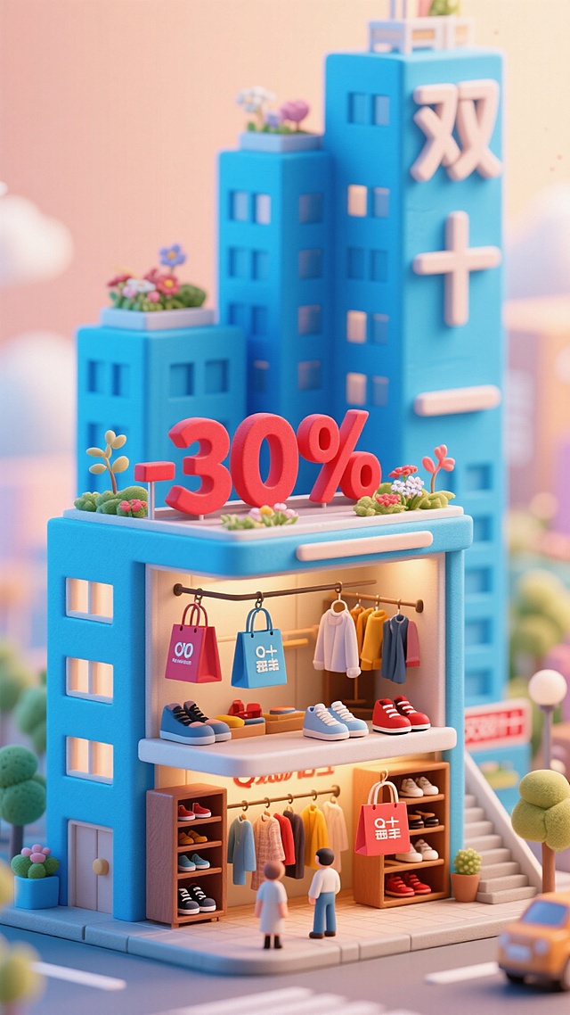这张海报的主色调为蓝色，背景是“双十一”三个字为主的高楼。在海报中间，还有一个醒目的“-30%”红色广告牌在大厦楼顶上。海报的主体是一座巨大的双十一的建筑，建筑内有：挂在购物袋里的衣服、鞋柜里的鞋子，服装店的装饰。在建筑顶层布置了花草。高饱和色彩。粘土的质感。