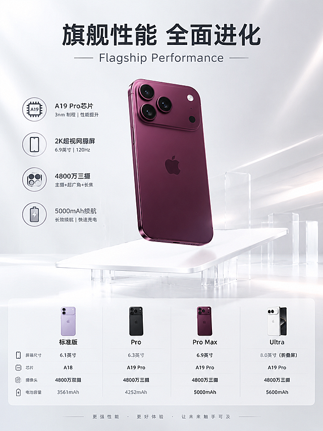 3:4竖版商业数码海报，奶白浅灰哑光背景，柔和棚拍光影，淡珠光反光，白色悬浮薄片状展示平台，透明亚克力支撑结构，取消圆柱圆形展台，极简科技发布会视觉，干净通透，商业渲染，高清细节。画面顶部大标题"旗舰性能 全面进化"，英文副标题"Flagship Performance"。画面中部iPhone 18 Pro Max产品主视觉（酒红色三摄，以图1为准），悬浮于白色薄片平台上。左侧功能图标说明区，竖向排列四个功能图标及参数说明："A19 Pro芯片""2K超视网膜屏""4800万三摄""5000mAh续航"，每个图标配简短参数。底部四款机型参数对比表格，横向排列标准版、Pro、Pro Max、Ultra，每列对应屏幕尺寸、芯片、摄像头、电池容量等参数，数字精确。Ultra机型为白色折叠屏形态（以图2为准）。商品主体占比约50%，文字不遮挡主体。版式精美，信息清晰。画面中所有数字必须精确渲染，不得错位、遗漏或编造。