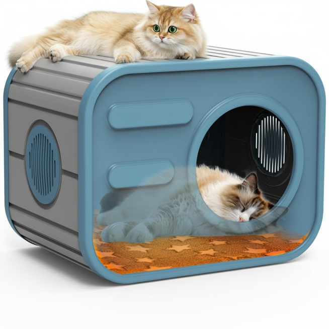 在参考图1基础上生成猫窝顶部慵懒趴着一只圆眼金渐层长毛猫（好奇表情），露出好奇表情，猫咪头部朝向在左，画面干净通透，色调柔和温暖，质感像高清商品展示图，背景纯白无杂物。高清，4k预览效果