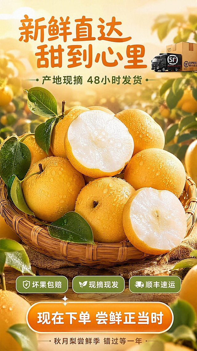 [第8张] 详情页收尾转化-秋月梨囤货装新鲜直达氛围海报。本张使用【图1】作为产品主体参考，多梨组合陈列。
[氛围/风格] 丰收喜悦氛围，新鲜直送感，温暖治愈，抖音种草收尾感，商业摄影质感。
[元素布局] 画面中央为丰收感陈列：竹编篮里堆满金黄色秋月梨，有的带枝叶，有的切开露出雪白果肉，周围散落几片绿叶和水珠；背景为虚化的梨园+暖光光晕；上方有快递箱/顺丰车元素小图标暗示快速配送；梨的颜色、果点、切面质感与输入图一致。
[光影质感] 暖金色侧逆光，梨身边缘形成金色轮廓光，竹篮纹理有层次，整体温暖有丰收感。
[配色色系] 全局底色渐变 #FFF4E0（暖黄）过渡到顶部淡橙；主色金黄梨+暖棕竹篮；辅助色深绿叶片+米白文字底。
[视角构图] 中心陈列式构图，产品堆头在中央，阅读动线上方标题 → 中央产品堆 → 底部行动号召。
[文字版式] 顶部主标题「新鲜直达 甜到心里」8字圆润黑体暖橙色，大号；副标题「产地现摘 48小时发货」10字深绿色中号；
中部产品堆下方3个圆角卖点横排：「坏果包赔」「现摘现发」「顺丰速运」，白字绿底；
底部大按钮式文案「现在下单 尝鲜正当时」9字，暖橙底白字，圆润黑体，有呼吸感边框；最底部小字「秋月梨尝鲜季 错过等一年」。字形字色与全套统一。
[比例分辨率] 9:16竖版，4K分辨率，文字清晰可辨。
[负向提示词] 梨变形，颜色发暗，水印，文字错乱，丰收感不足，竹篮虚假，果肉发黄。