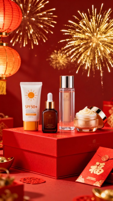 - 展示了四款明星产品：
    - **防晒霜**（SPF50+）：适合新年出行或日常防护。
    - **精华液/原液瓶**：深棕色瓶身，滴管设计，高端感十足。
    - **爽肤水/预览效果