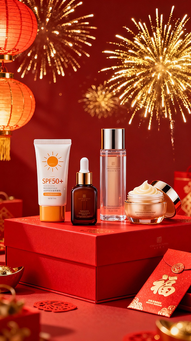 - 展示了四款明星产品：
    - **防晒霜**（SPF50+）：适合新年出行或日常防护。
    - **精华液/原液瓶**：深棕色瓶身，滴管设计，高端感十足。
    - **爽肤水/化妆水**：透明瓶身，清新简约。
    - **面霜/乳霜**：打开盖子，露出丰润质地，强调保湿滋养。
- 产品陈列在红色礼盒之上，营造出“送礼佳品”或“自用犒赏”的感觉，符合春节送礼和自我宠爱的消费心理。

#### 4. **视觉设计亮点**
- **主色调为中国红 + 金色烟花**：充满节日喜庆感，吸引眼球。
- **灯笼、烟花、红包元素**：强化春节氛围，增强情感共鸣。
- **光影效果与产品质感**：通过细腻的打光和材质表现，突出产品的高级感和专业度。


比例是9:16