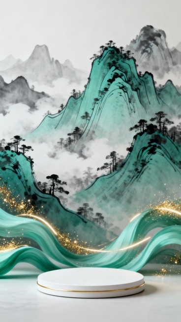 中国传统水墨风格与现代简约设计相结合的背景图，画面主体为层叠起伏的青绿山水，山峰轮廓以流畅的线条勾勒，山间点缀疏朗的墨色树木，远山笼罩在朦胧的灰白色云雾中，营造出空灵悠远的意境。前景有几缕飘逸的青绿色波浪状曲线，其上点缀着金色的闪光粒子和发光线条，增添灵动与华贵感。底部中央是一个白色圆形展台，边缘有一圈纤细的金色边框，整体色调以青绿、灰白、金色为主，色彩和谐统一，风格雅致清新，兼具传统韵味与现……预览效果