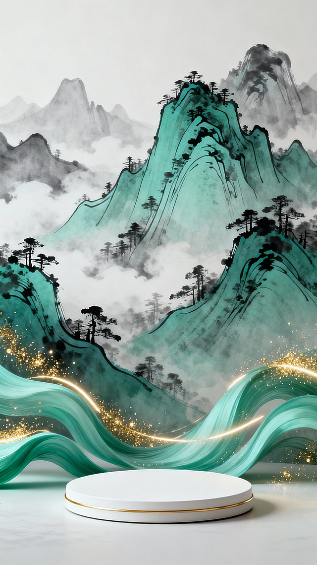 中国传统水墨风格与现代简约设计相结合的背景图，画面主体为层叠起伏的青绿山水，山峰轮廓以流畅的线条勾勒，山间点缀疏朗的墨色树木，远山笼罩在朦胧的灰白色云雾中，营造出空灵悠远的意境。前景有几缕飘逸的青绿色波浪状曲线，其上点缀着金色的闪光粒子和发光线条，增添灵动与华贵感。底部中央是一个白色圆形展台，边缘有一圈纤细的金色边框，整体色调以青绿、灰白、金色为主，色彩和谐统一，风格雅致清新，兼具传统韵味与现代审美，构图层次分明，视觉焦点突出，适合作为产品展示的背景。