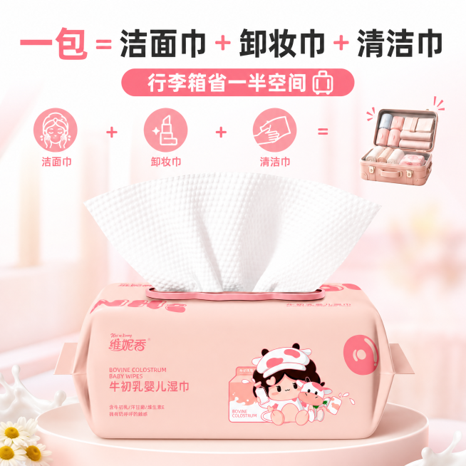 「图片1」，生成电商主图（10张），商品名称是维妮香牛初乳湿巾，卖点是原卖点	升级为通用 / 差旅场景的 “抓眼球话术”	覆盖人群 0 酒精 0 香精	「全肤质通吃！敏皮、孕妈、宝宝都能放心用」	母婴预览效果