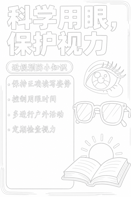 将这张防近视手抄报转换为浅色线稿图，只保留浅灰色清晰轮廓线条，去除所有填充色彩和深色笔触，保留原有文字轮廓、图案造型和排版，适合打印后轻松上色，线条浅淡柔和预览效果