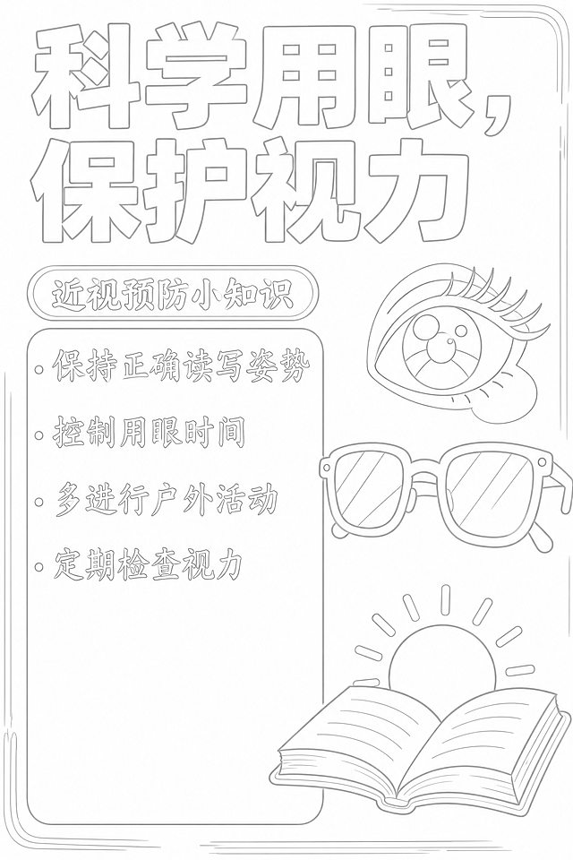 将这张防近视手抄报转换为浅色线稿图，只保留浅灰色清晰轮廓线条，去除所有填充色彩和深色笔触，保留原有文字轮廓、图案造型和排版，适合打印后轻松上色，线条浅淡柔和