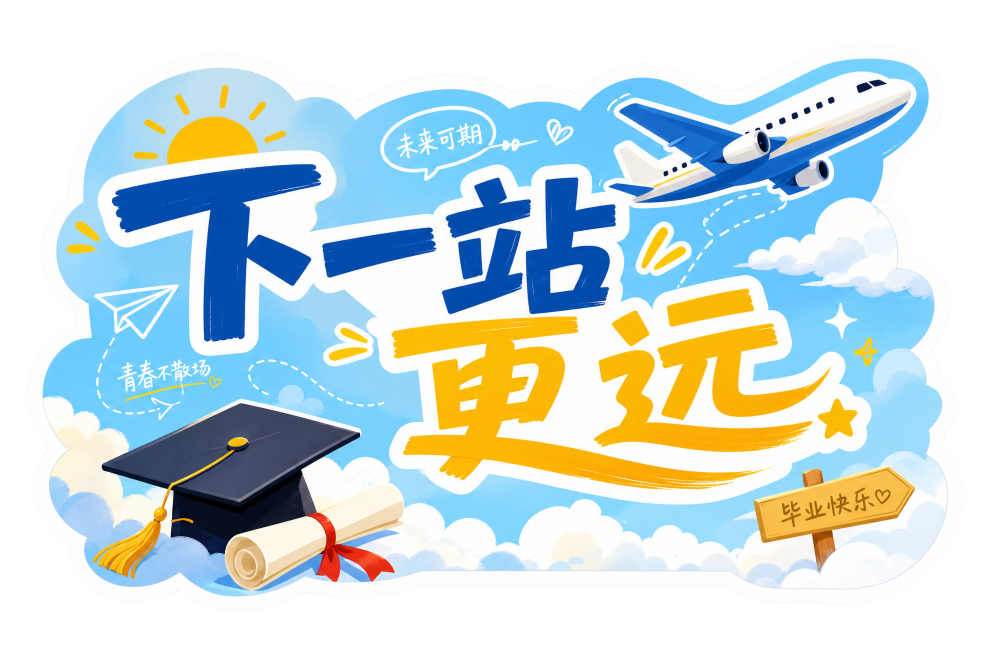 横式异型毕业举手牌，尺寸0.6x0.4米，文字为“下一站更远”，乐观阳光风格，点缀飞机和云朵元素，毕业主题预览效果