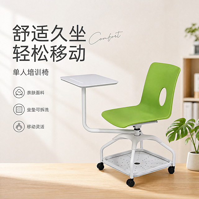 [单张主图] 单人带写字板培训椅，走高级氛围感主图路线，打造适合淘宝/天猫平台的电商主图，展示产品在简约家居办公环境中的治愈美感。
[画面主体] 产品保持绿色椅身、白色支架滚轮、左侧写字板的原有外观、结构、颜色与输入产品图绝对一致，杜绝任何变形和色差，精细化处理。产品放在右侧居中，完整不裁切，占画面约45%。
[构图版式] 采用左文右物场景型版式：左侧保留大面积留白，放置品牌名、品类词、主标题和3个短卖点；产品放大放置在右侧，底部用浅原木台面承托，右侧搭配少量绿植装饰，整体保持留白和高级质感。
[场景元素] 背景为浅奶白色简约办公室/书房墙面，左侧窗户透进柔和自然光，搭配一盆小型鲜绿色龟背竹点缀在右下角，浅原木色台面干净素雅，营造温馨治愈的家居办公氛围。
[文案版式] 左上留白区域左对齐排版：大号文字“舒适久坐 轻松移动”，中号文字“单人培训椅”，下方3个带简约线图标的卖点：✓ 亲肤面料 · ✓ 坐垫可拆洗 · ✓ 移动灵活。文字均放在自然留白处，不遮挡产品主体。主标题旁添加一个轻英文手写体“Comfort”作为装饰。
[光影质感] 主光为左侧斜射自然窗光，柔和通透，辅光为墙面漫反射补光，产品边缘有自然投影，背景浅景深虚化，突出主体。产品椅身和支架材质表现清晰真实，高光过渡自然，整体商业摄影质感，画面干净高级。
[配色字体] 主色为浅奶白、原木色，辅助色提取产品绿色和支架白色，强调色为深灰色文字；字体选择细轻无衬线字体，字重克制，主标题字号最大，卖点字号较小，层次分明。
[比例分辨率] 1:1 比例，2048×2048像素，2K分辨率，文字清晰可辨，超高清画质。
[负向提示词] 变形，水印，错字，糊字，伪Logo，主体遮挡，背景杂乱，低清晰度，错误结构，文字错乱
