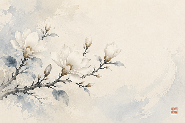 横版贺卡封二设计（内页左页），与封面风格统一，米白色宣纸质感背景，淡蓝色水墨元素。横版构图，宽大于高。

画面主体为一枝完整的玉兰花枝从左侧延伸至中部偏右，花朵盛开，花瓣洁白温润，层次分明，枝干用墨色绘制，叶片用淡蓝灰色绘制，细节丰富。花枝上有两三朵盛开的玉兰花和几个花苞，姿态优雅。背景有淡淡的水墨晕染效果。画面右侧和上方保留适度留白。右下角有一方朱红色篆体印章。整体色调清雅但层次丰富，玉兰主体清晰突出，与封面风格协调。横版构图，版式精美。