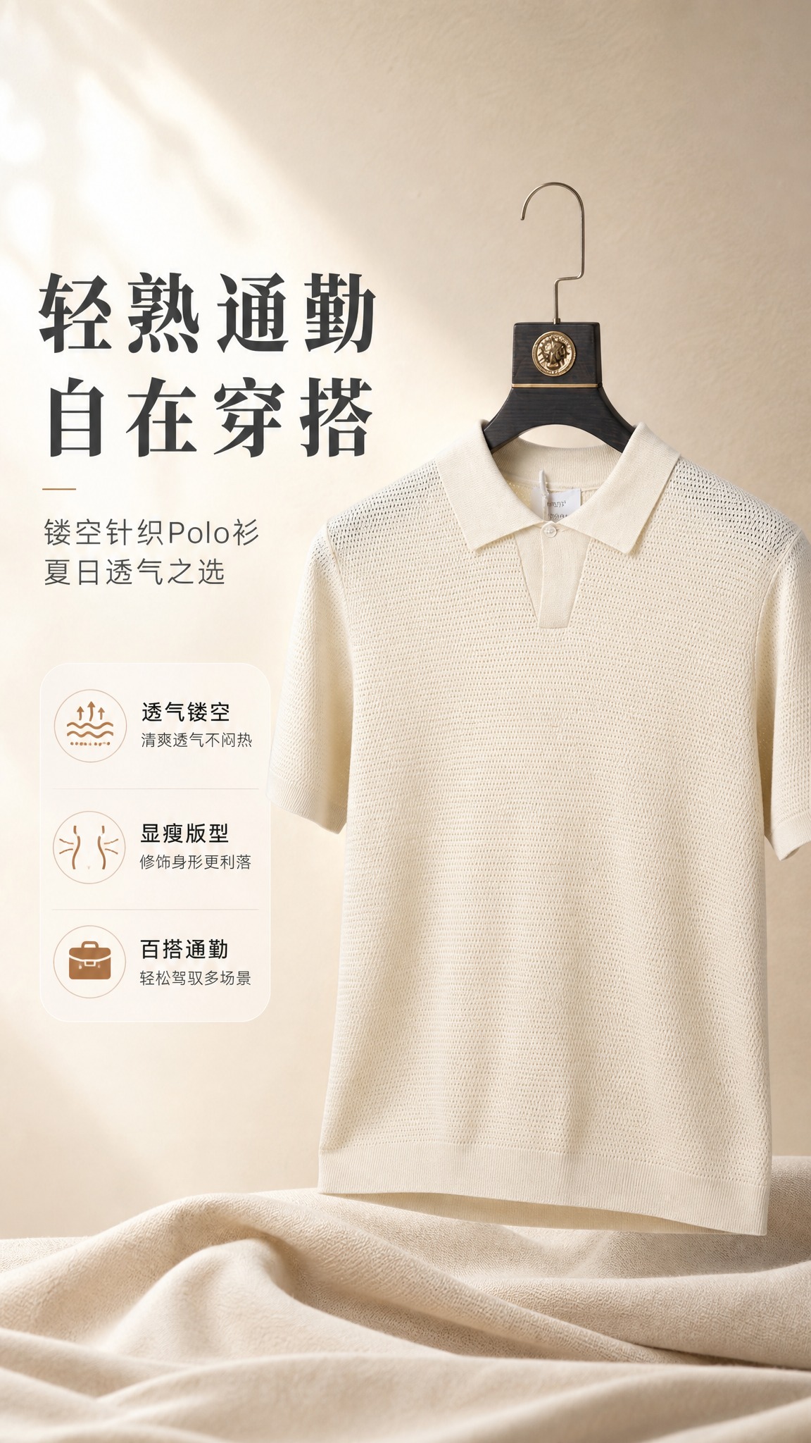 [商品] 使用【图1】米白色镂空针织短袖Polo衫；商品处理：… - 图片创意预览