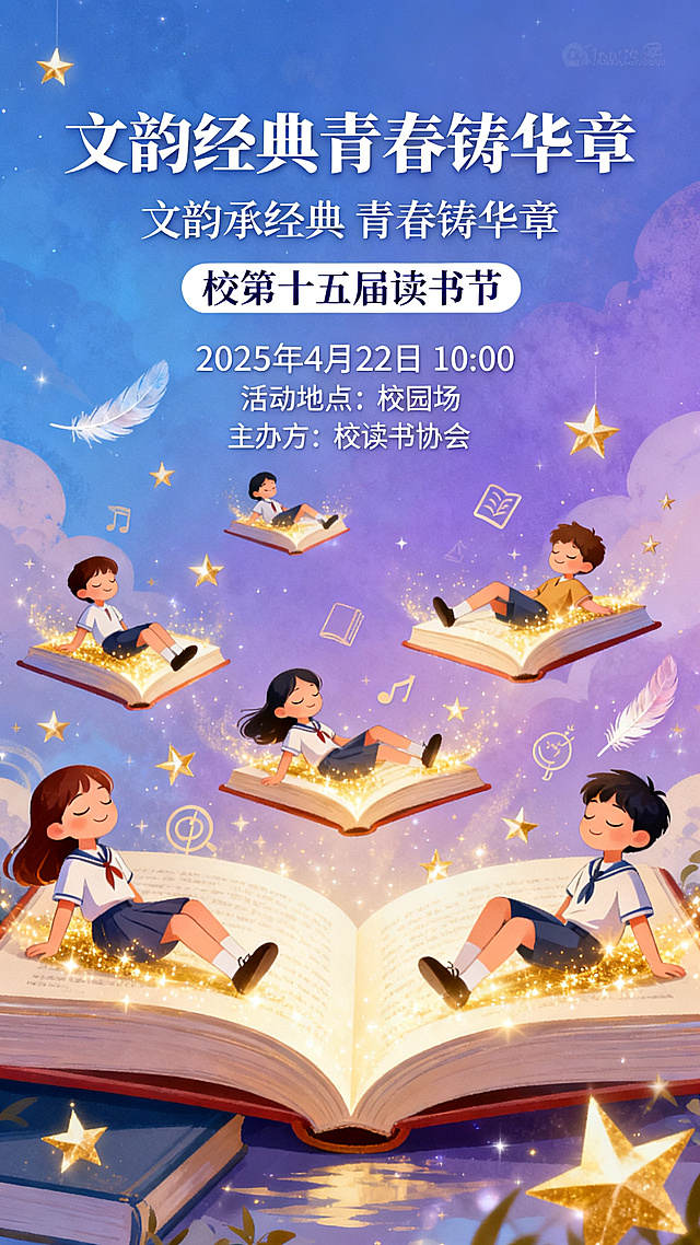 校园读书节活动海报，画面呈现学生在书本中遨游享受知识的海洋，整体梦幻风格，超高清画质。海报文字信息：主标题"文韵经典青春铸华章"，副标题"文韵承经典 青春铸华章"，活动名称"校第十五届读书节"，活动时间"2025年4月22日 10:00"，活动地点"校园场"，主办方"校读书协会"，保证所有文字清晰可识别，无乱码。