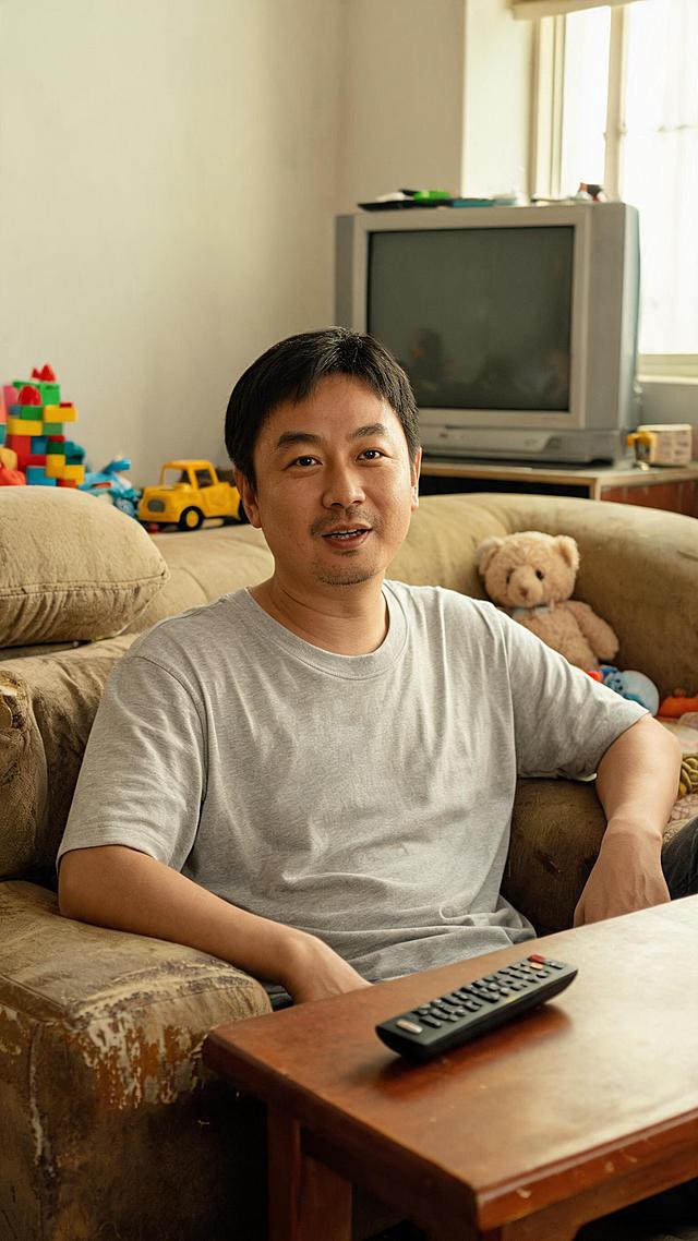 一个普通男人坐在自家客厅的旧沙发上，穿着居家汗衫，对着镜头像跟邻居聊天一样说话，身后是一台老电视和孩子的玩具，茶几上放着遥控器。没有精致书房，就是普通人家的客厅。表情真诚松弛。写实摄影，暖光，自然光。竖屏9:16，电影感，暖光，写实摄影风，高清细节