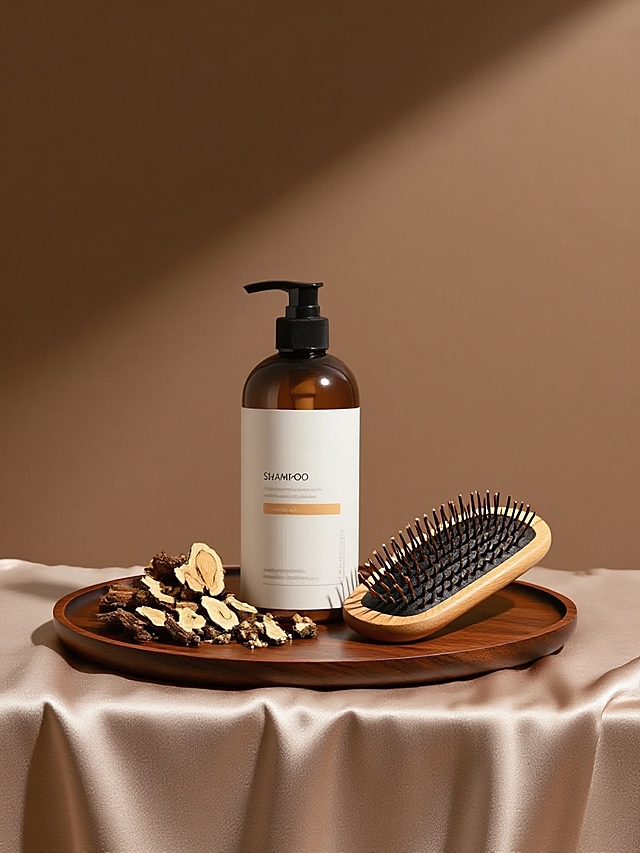 商业静物摄影。主体置于浅咖色丝绸桌布的木质托盘上，桌上有原木材质的按摩头梳和中药切片。棕色背景。简约高级的光影。