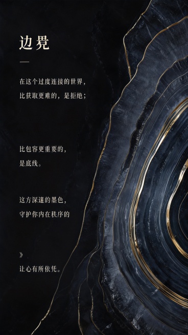 参考图的鎏金纹理玛瑙风格，生成深邃墨色简约背景边界主题意向图，保持鎏金线条纹理质感，整体深邃沉稳，契合守护内在秩序氛围，不要和参考图一模一样，融入完整文案："在这个过度连接的世界，比获取更难的，是拒绝预览效果
