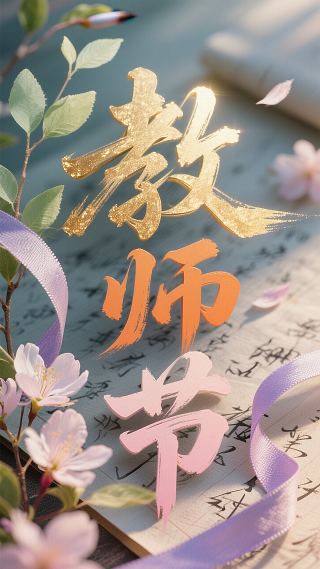鎏金大字“教师节”，融合中式古典与国潮风，配以樱花点缀，尽显文艺雅致。