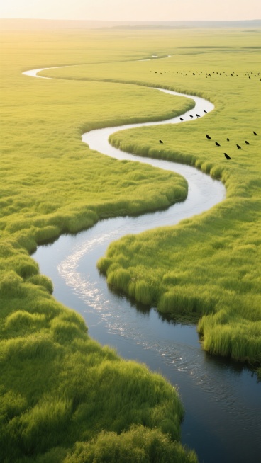 高清航拍视角下的广阔湿地景观，蜿蜒曲折的河流如银色丝带般穿梭于一望无际的嫩绿色草甸之中，河水清澈泛着微光，两岸绿草茂密挺拔，远处地平线上可见零星散布的黑色水鸟群，整体色调以明亮的黄绿色为主，光线柔和呈现清晨或傍晚的温暖氛围，构图遵循自然曲线引导视觉延伸，展现出宁静开阔、生机勃勃的自然湿地风光。预览效果