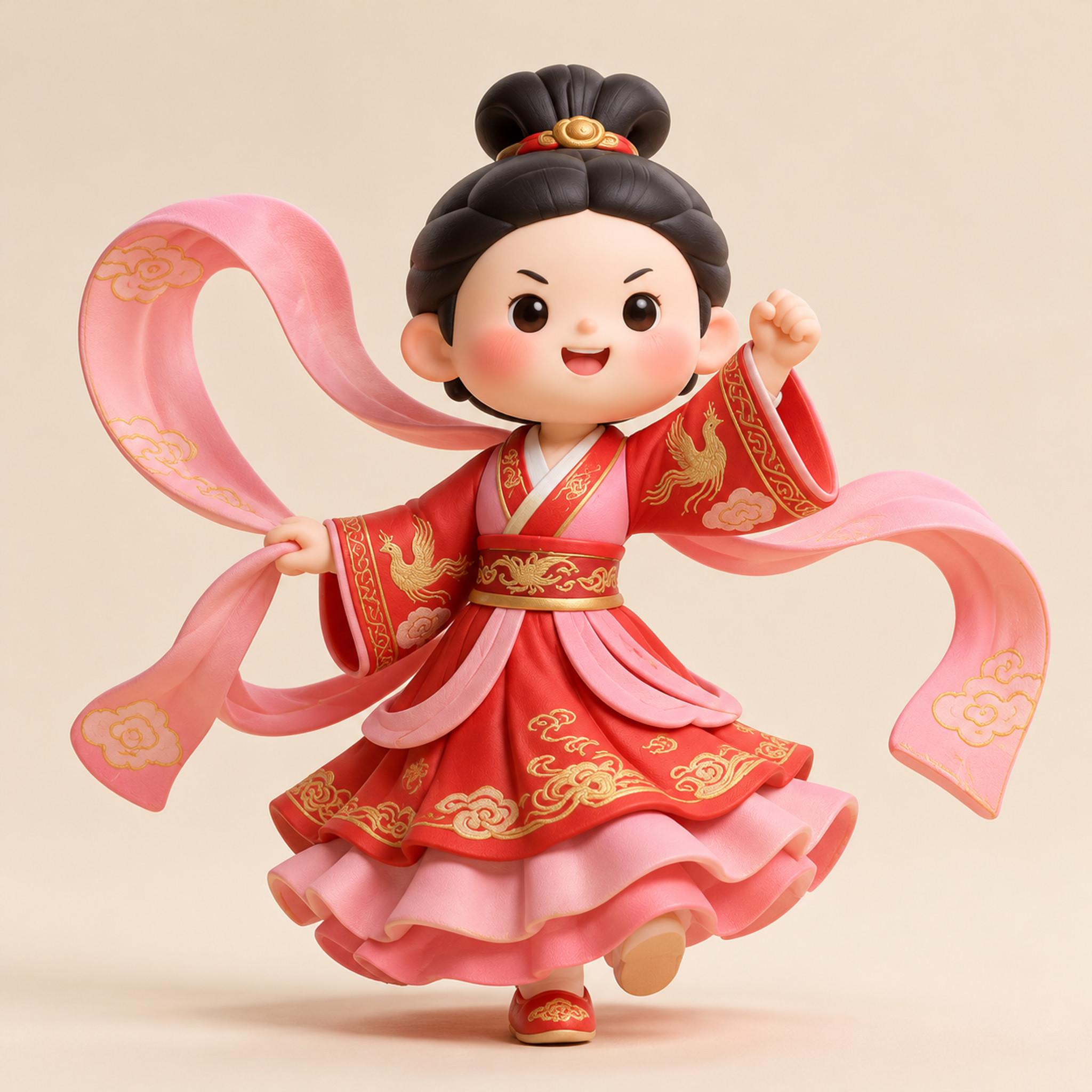 参考图中的Q版国风小女孩IP形象，保持一致的外貌特征：梳着双丸… - 图片创意预览