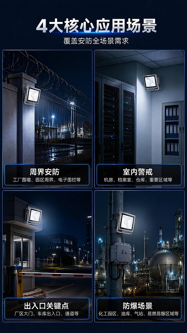 [第6张] 四大应用场景页-周界/室内/出入口/防爆。本张使用【图1】作为每个场景中的补光灯元素，保持外观完全一致。
[氛围/风格] 场景拼图风，4格真实安防场景，每格有补光灯安装示意，专业可信。
[元素布局] 画面为2×2四宫格场景拼图，每格一个应用场景，每格中都有一盏小型补光灯（【图1】）安装在墙面或杆上：左上「周界安防」- 工厂围墙+电子围栏夜景，补光灯装在围墙立柱上；右上「室内警戒」- 机房/档案室内部，补光灯装在墙角；左下「出入口」- 厂区大门/车库出入口，补光灯装在门岗旁；右下「防爆场景」- 化工园区/油库，防爆型补光灯示意。每格底部有场景名称标签。
[光影质感] 每格独立打光，补光灯均有白光发光效果；室外场景为夜间氛围，室内为低照度环境；整体光影真实自然。
[配色色系] 全局底色 #0E1A2E 深蓝灰；每格场景自有色调；统一白色标签+电光蓝边框。
[视角构图] 四宫格等分布局，阅读动线左上→右上→左下→右下。
[文字版式] 顶部主标题「4大核心应用场景」，副标题「覆盖安防全场景需求」。每格底部半透明黑底白字标签：「周界安防」「室内警戒」「出入口关键点」「防爆场景」，标签下方1行小字说明适用场所。文字清晰可读。
[比例分辨率] 9:16 竖版比例，4K分辨率，文字清晰可辨，高清画质。
[负向提示词] 产品变形，缺件错件，文字错乱，文字过小，水印，场景模糊。