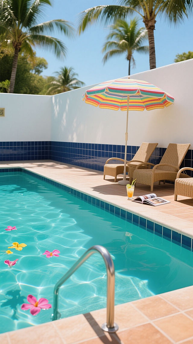 高清晰度写实摄影风格，夏日泳池场景，清澈见底的蓝绿色池水，阳光透过水面形成波光粼粼的光影效果，池边铺有浅棕色防滑地砖，白色与深蓝色相间的瓷砖池壁，金属质感的银色泳池扶手延伸至水中，水面漂浮着几片鲜艳的粉色和黄色花瓣，池边摆放着一把带有彩色条纹的遮阳伞和几张藤编躺椅，旁边放着一杯冰镇饮料和一本翻开的杂志，远处有几棵高大的棕榈树投下斑驳的阴影，整体画面呈现出明亮、清爽、悠闲的夏日氛围，光线充足，色彩饱和度高，细节清晰，无LOGO、电话地址及二维码。