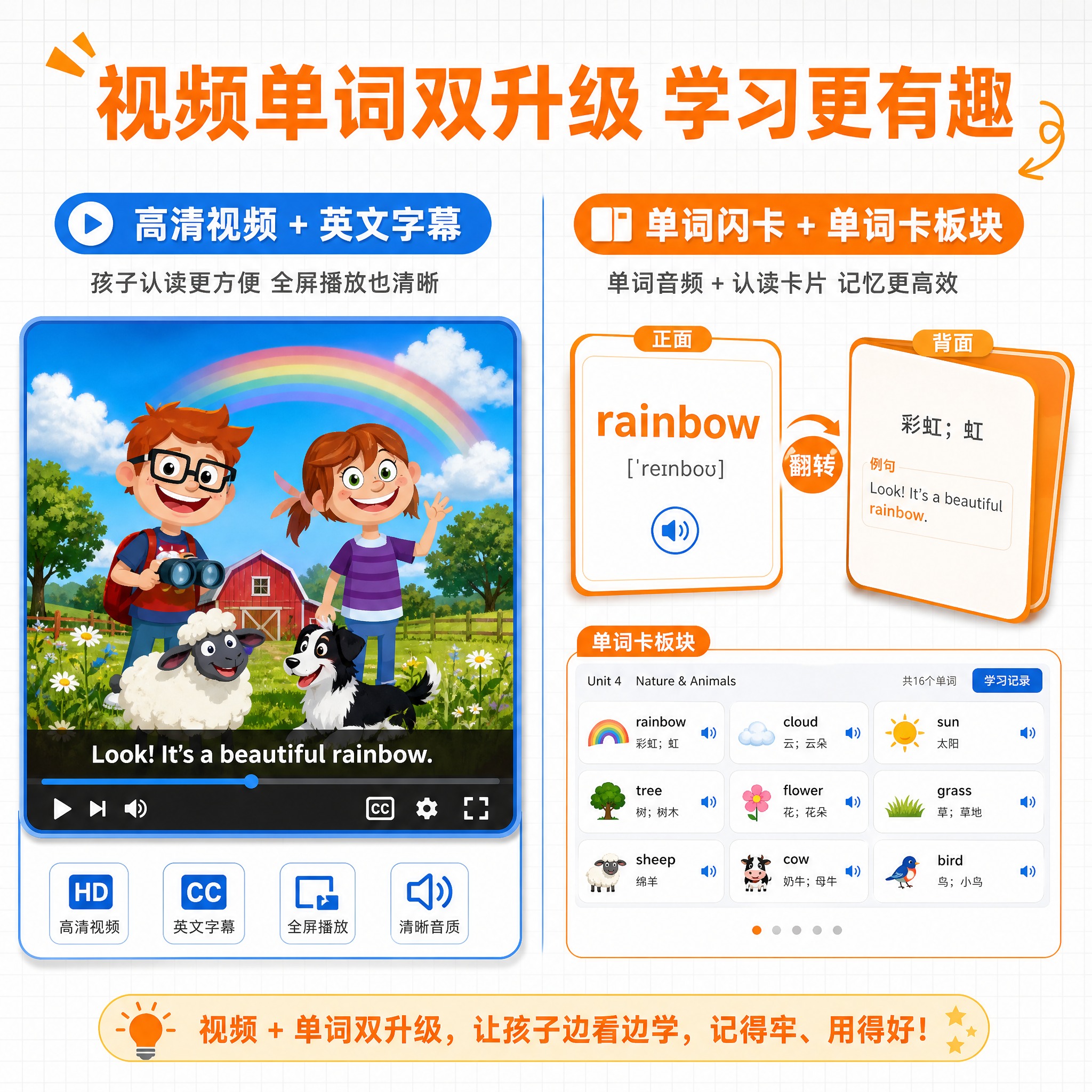 [主图-4 视频与单词] 展示高清视频+英文字幕+单词闪卡+单… - 图片创意预览