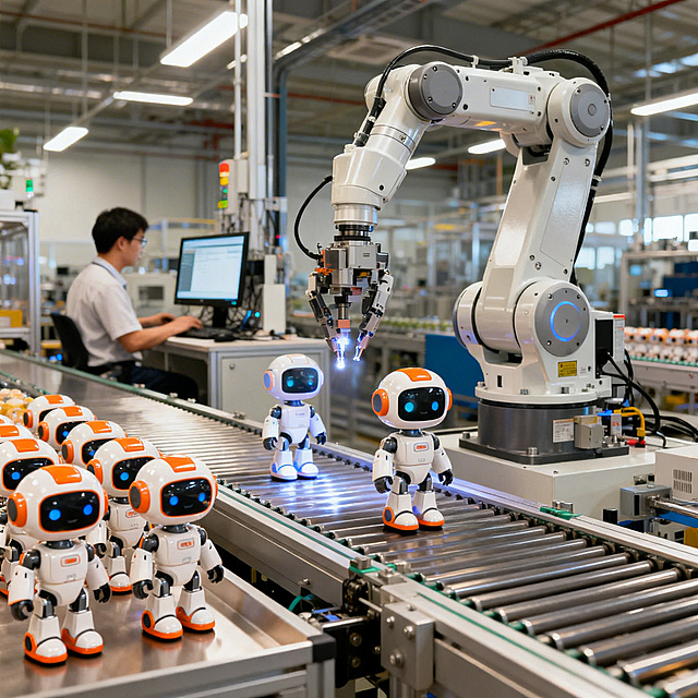 现代化工厂车间内，自动化生产线正在生产人工智能互动玩具，机械臂精准操作，工人在一旁监测，明亮工业风场景，整洁有序的生产环境，AI玩具成品摆放在流水线旁
