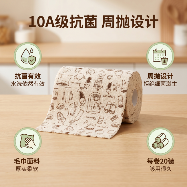 [主图-2] 手撕抹布核心抗菌卖点展示图，家居治愈风。
[氛围风格] 干净清爽专业感，保持整体温馨治愈家居氛围
[画质] 商业摄影质感、光线柔和通透、产品清晰真实、画面干净高级
[元素] 展开的手撕抹预览效果