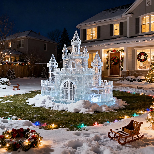 圣诞节的夜晚，天空漆黑，庭院被厚厚的白雪覆盖，地面上点缀着各种精美的圣诞装饰，包括彩灯、花环和雪橇模型。草地上矗立着一座高大的冰雕城堡，城堡有三层有城门城墙尖尖的屋顶，城堡质感通透，城堡下堆积着洁白的积雪。背景是一栋两层的欧式别墅，别墅门口挂着圣诞花环，窗户透出温暖的灯光，整个场景充满浓厚的圣诞氛围，色调以深蓝、雪白和暖黄为主，营造出温馨梦幻的节日感觉，32k高清，大师级商业摄影品质