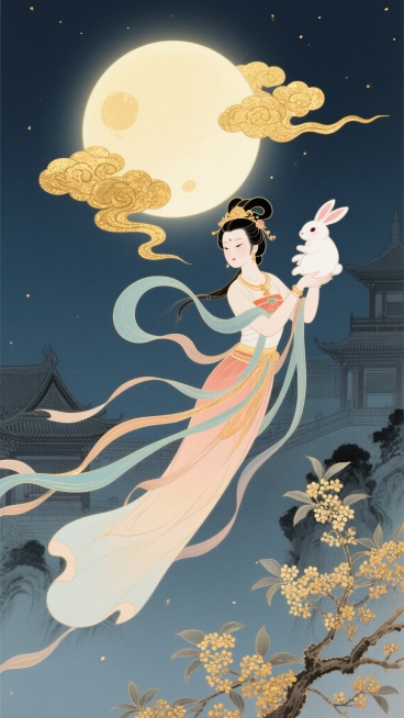 中国传统风格中秋节主题插画，嫦娥身着飘逸长裙，怀抱玉兔飞向发光的满月，周围环绕金色祥云，背景有古朴宫殿和盛开的桂花，采用水墨与金箔艺术技法，画面典雅精致预览效果
