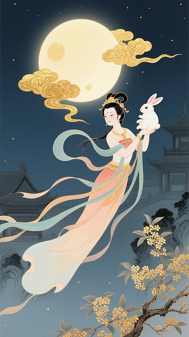 中国传统风格中秋节主题插画，嫦娥身着飘逸长裙，怀抱玉兔飞向发光的满月，周围环绕金色祥云，背景有古朴宫殿和盛开的桂花，采用水墨与金箔艺术技法，画面典雅精致