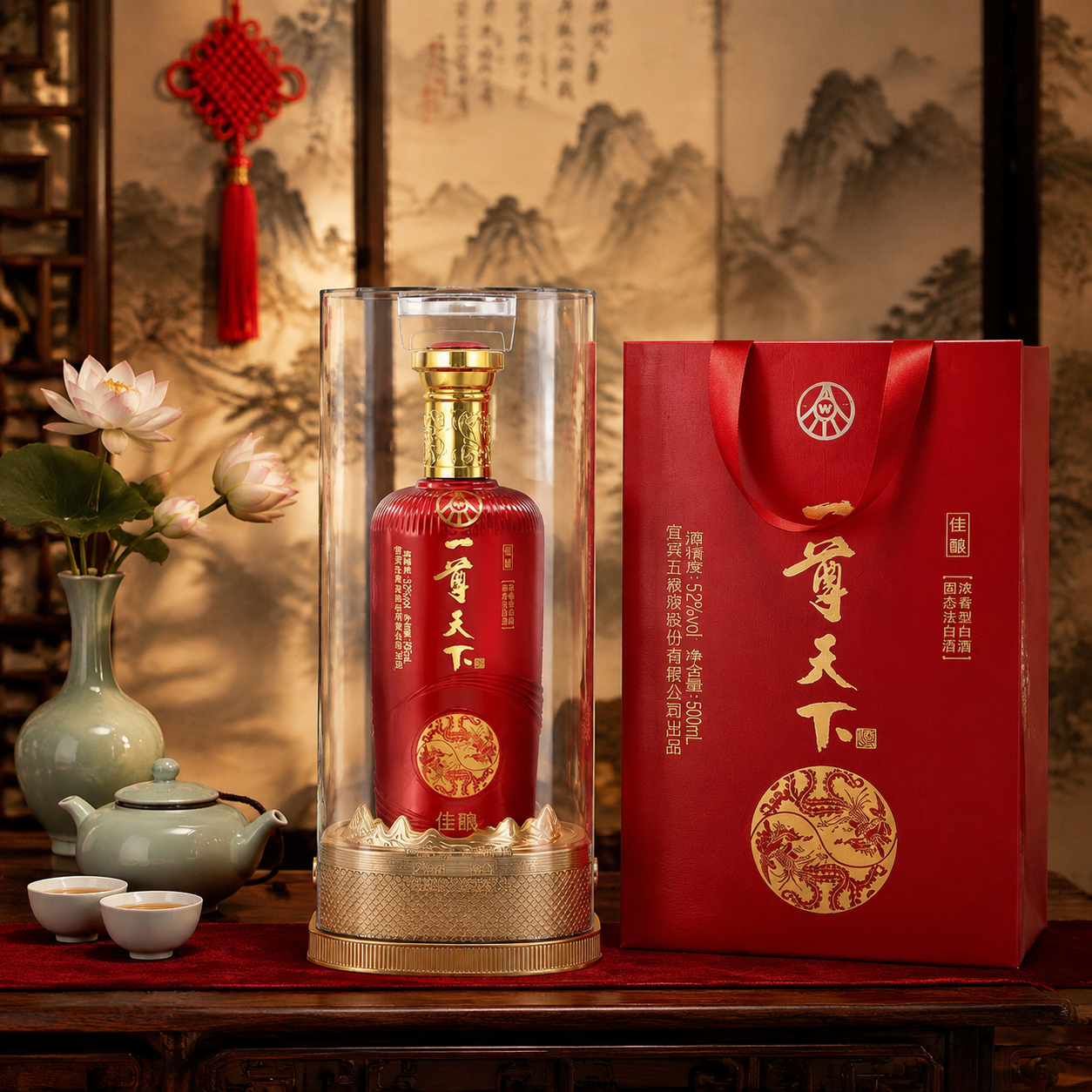 一尊天下佳酿浓香型白酒（红色瓶身、金色瓶盖与金色底座、透明亚克… - 图片创意预览