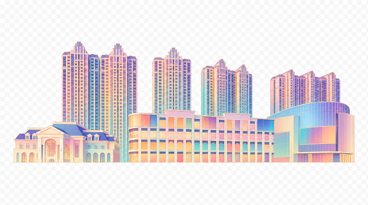 将原图转为新中式插画风格，配色梦幻，采用扁平风，多彩色渐变，颜色鲜艳愉悦，写意几何工笔，所有建筑均简化为纯净渐变弥散色块，背景透明，画面中不出现任何文字，不要超出画布，不要排列两排预览效果