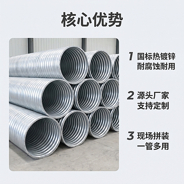 [主图-2] 金属波纹涵管核心优势展示图
[氛围风格] 专业清晰，突出产品材质与优势
[画质] 商业摄影质感、光线明亮通透、产品清晰真实
[元素] 保留金属波纹涵管外观、结构、热镀锌银灰色金属质感与输入产品图绝对一致，杜绝变形色差。涵管整齐堆放在工厂场地，主体居中展示。清理背景杂物，让产品更突出。
[光影] 均匀明亮自然光，清晰展示波纹纹理和镀锌表面，高光自然，暗部有细节
[配色] 主色调金属银灰，浅灰场地背景，干净专业
[视角构图] 俯视45度斜拍，整体布局稳重，主体占比70%
[文字版式] 顶部大标题写"核心优势"，左侧展示产品大图，右侧编号列出三大核心卖点，每点短标题加结论：1 国标热镀锌 耐腐蚀耐用，2 源头厂家 支持定制，3 现场拼装 一管多用。所有文字清晰可读，不遮挡产品主体，左对齐排版，深色字配浅色背景对比强烈。
[比例分辨率] 1:1比例，2048px*2048px 2k分辨率，文字清晰可辨，超高清
[负向提示词] 变形，水印，文字错乱，产品模糊，背景杂乱