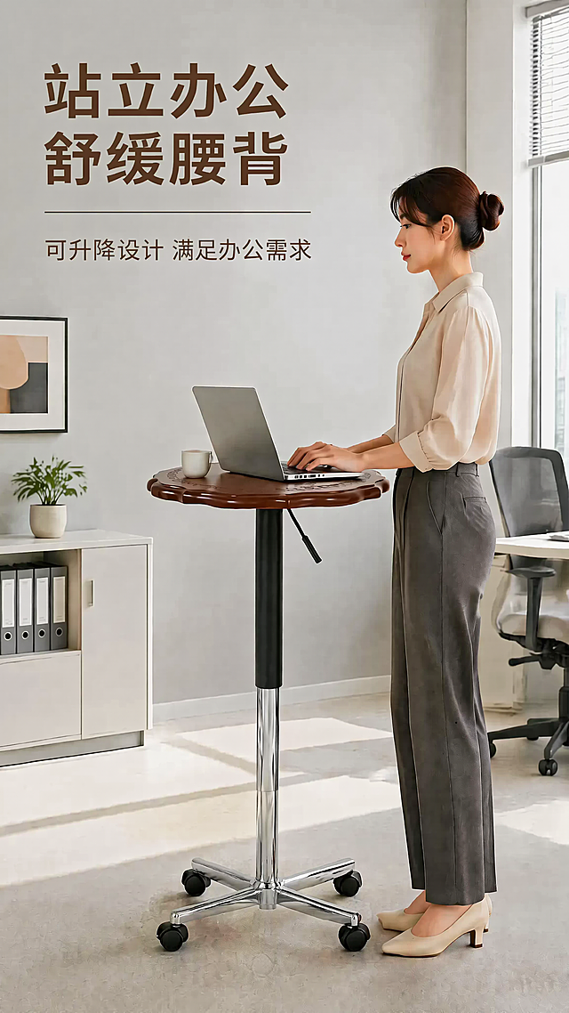 保留原图全部元素：站立办公场景、人物、笔记本咖啡、所有标题文案、办公环境不变，仅修改边几底座：将五爪五个滚轮改为四爪四个滚轮，保持镀铬支架光泽和黑色滚轮质感一致，整体场景比例自然，所有文字清晰，9:16竖版，4K高清
