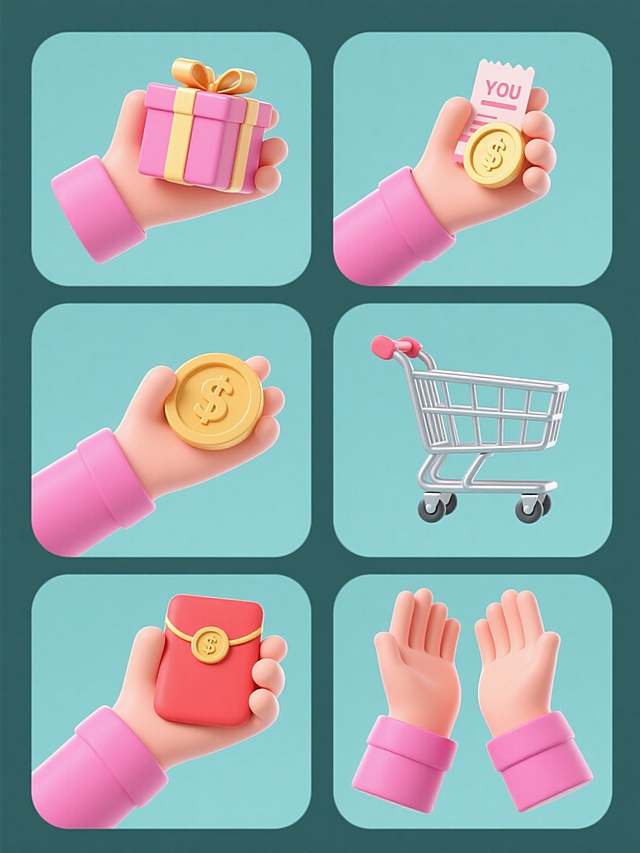 一套6张的系列素材集合，每张素材均为规整排布的手持物品3D图案，图案包含手持礼盒、手持优惠券、手推购物车、手拿金币、手拿红包、拍手基本元素内容，整体造型简约现代，采用纯色背景，3D立体风格，圆润光滑的物体边缘，柔和均匀的光影效果，明亮饱和的色彩搭配，卡通化的手部造型，穿着粉色袖子的手部特写，物品与手部比例协调，画面简洁干净，无多余装饰，视觉层级清晰，信息传达直接，适合作为商业宣传或活动素材使用
