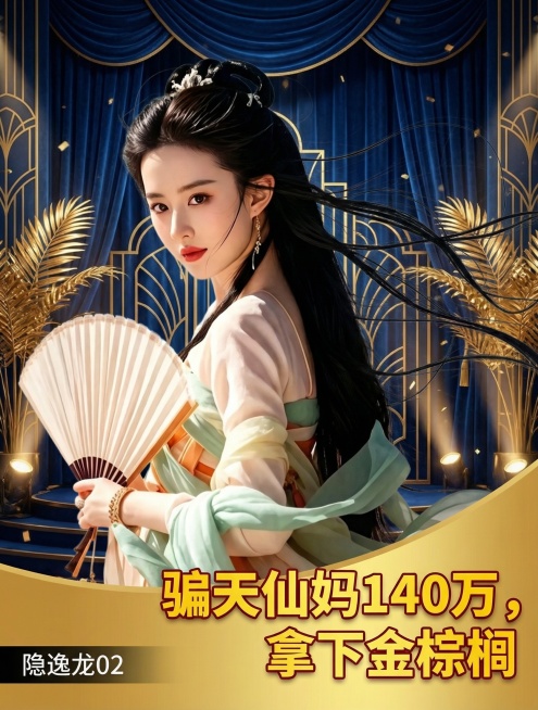 将背景替换为深蓝丝绒质感的电影节颁奖礼场景，人物保留，在画面右下黄金分割点添加大号烫金粗体错行排版的书名“骗天仙妈140万，拿下金棕榈”，字体为思源黑体Extrabold，颜色烫金#FFD700，边缘预览效果