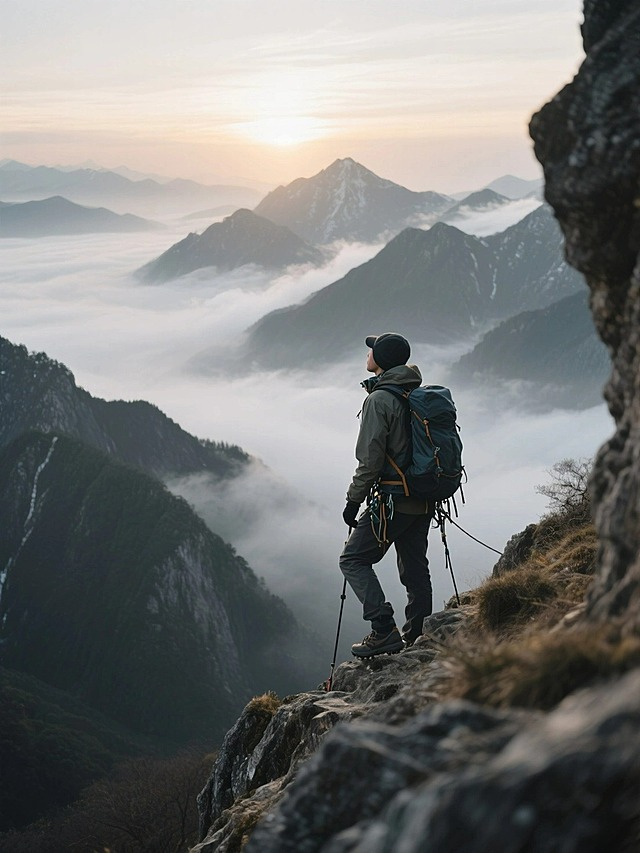 一位登山者在登山，望着远方气势磅礴的群山，云雾缭绕，长焦摄影，日出，明亮