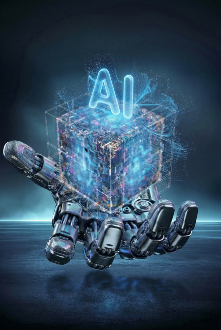 将第一张图的黑色背景替换为第二张图的蓝调雾气水面背景，保持机械手、科技方块、AI文字等所有前景元素不变，前景与背景过渡自然协调，整体风格统一预览效果