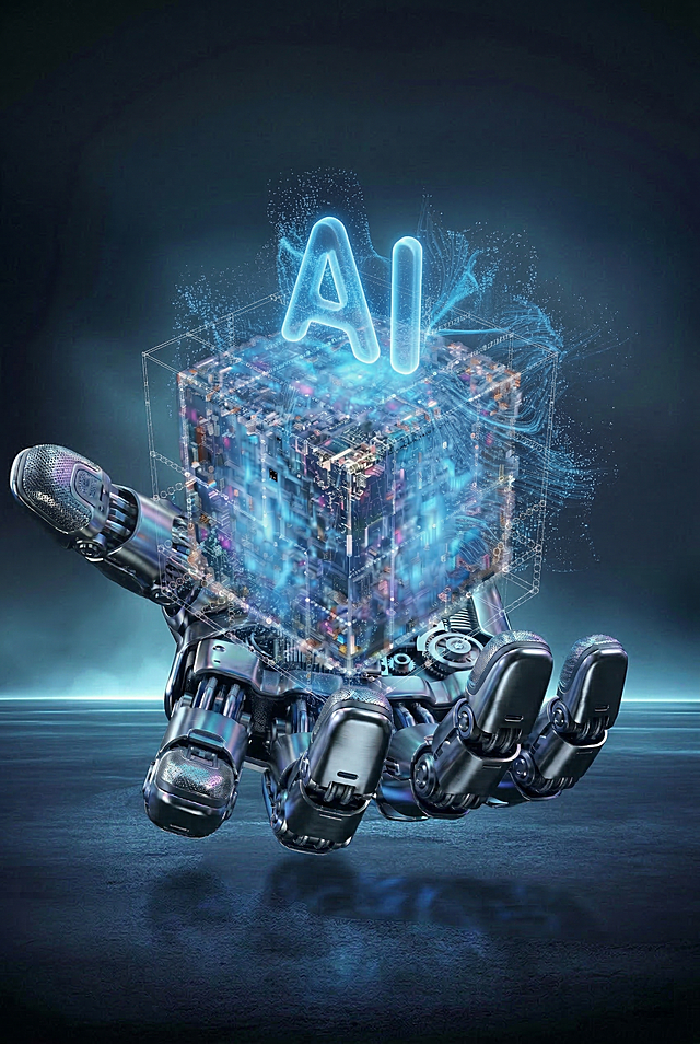 将第一张图的黑色背景替换为第二张图的蓝调雾气水面背景，保持机械手、科技方块、AI文字等所有前景元素不变，前景与背景过渡自然协调，整体风格统一