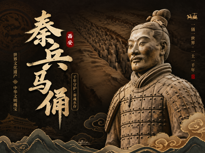 文化遗产宣传海报，主题为西安兵马俑，国潮风格，简洁大气，醒目文字"秦兵马俑"，展现千年陶俑的历史厚重感，构图沉稳，色调古朴，体现中华文明历史遗产魅力，紧扣文化遗产宣传主题预览效果