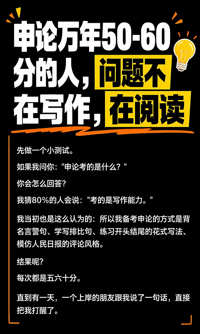 抖音爆款图文风格，竖版知识干货图文，纯大字排版，高饱和撞色警示风，版式精美，抖音图文质感，适合信息流滑动观看，信息层级清晰。画面顶部主标题必须完整呈现且为视觉中心，逐字锁定：「申论万年50-60分的人，问题不在写作，在阅读」。主标题字号占据整张图片约三分之一高度，超大醒目，白字超粗扁平黑体，部分关键词加亮黄色色块底增强对比，不得增删改字。正文文字内容全部保留不变，逐字锁定：「先做一个小测试。如果我问你："申论考的是什么？"你会怎么回答？我猜80%的人会说："考的是写作能力。"我当初也是这么认为的。所以我备考申论的方式是背名言警句、学写排比句、练习开头结尾的花式写法、模仿人民日报的评论风格。结果呢？每次都是五六十分。直到有一天，一个上岸的朋友跟我说了一句话，直接把我打醒了。」。正文为白色常规字号，左对齐，行间距舒适，所有文字不被遮挡、完整可读。背景：纯黑色高饱和深色底，搭配少量橙黄色装饰线条与色块点缀。装饰：1个警示灯泡emoji贴纸置于主标题旁，搭配手绘下划线与角标，数量克制，不与主标题逐字混排，不遮挡正文。整体氛围：公考干货、醒目抓眼、抖音知识分享感。画质：高清细腻，强对比，文字完整处于安全区内不可裁切，四周留安全边距，所有原文文字内容完整保留不删减。画面比例3:5，4K。图生图：严格使用用户上传图片，【图1】= 保留全部文字内容并重新排版为抖音图文风格，文字内容逐字保留不变。
