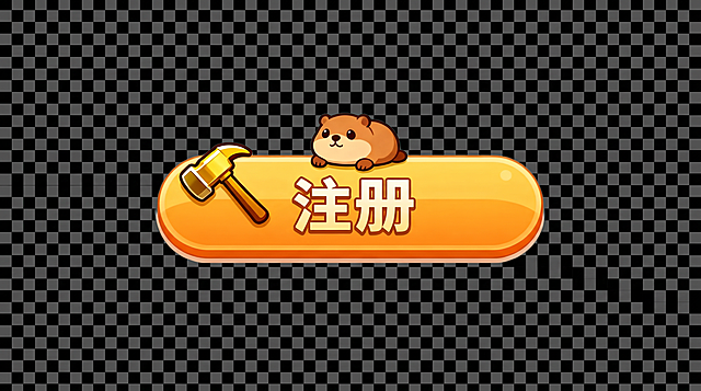 将按钮上的文字'登录'改成'注册'，保留原来的卡通水豚、金色锤子、橙黄色渐变圆角按钮样式，保留透明背景，保持整体风格不变