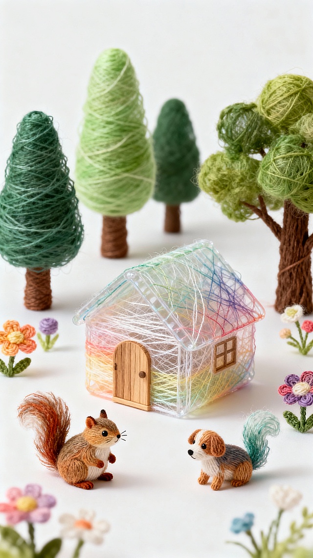 毛线绣森系小物：透纱屋、彩树花，绒松鼠萌趣立体