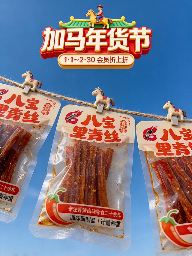 写实风，轻微仰拍视角，主体位于画面中心，被小马造型的夹子在一根麻绳上，主体占画面比60%，保持主体特征不变。高饱和暖色调，户外蓝色天空，清新趣味感氛围，顶部主标题为3D红绿黄配色标题“加马年货节”（骑马小人装饰），副标题3D小字文本框“1·1～2·30 会员折上折”。