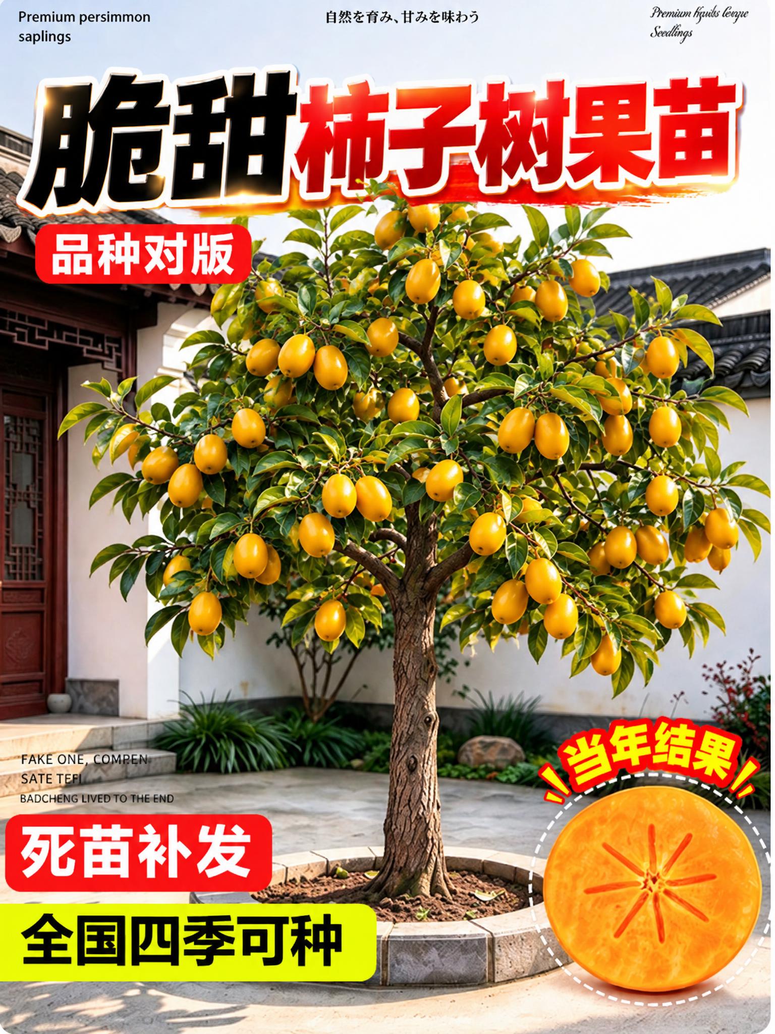 将图中的柿子树替换为挂满金黄色金桔果实的金桔树，保持果树的整体… - 图片创意预览