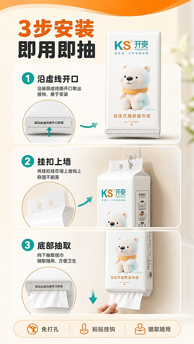 [商品] 使用【图1】开爽KS悬挂式抽取面巾纸；保留白色包装、KS+开爽Logo、卡通小熊、产品比例与结构、侧面使用图示元素；修复包装褶皱，使包装平整。
[画面] 目标：三步安装使用步骤演示，讲清悬挂式抽纸的使用方法。构图：上中下三步流程，竖向排列3个步骤图，每步配产品状态图。景别：中景+局部特写结合。Step1：沿底部虚线开口（底部特写）；Step2：挂扣挂在墙上挂钩（侧面展示）；Step3：向下抽取纸巾（底部抽取动作）。阅读动线：从上至下，步骤清晰。
[视觉] 套系策略：风格=拼多多大字报+温馨居家商业摄影；标题字=粗黑黑体+圆角处理；正文字=清晰无衬线黑体；主色=暖橙色；背景延展=浅米白底+暖橙色渐变顶部条，同色系深浅层级；强调色=青绿色，仅用于步骤编号、箭头；标题色=深橙红；正文色=深灰；组件=圆形步骤编号（1/2/3）、箭头指引、圆角说明卡；光影=均匀柔光，每步产品清晰。
[文字] 顶部主标题"3步安装 即用即抽"，每步配短说明："① 沿虚线开口""② 挂扣上墙""③ 底部抽取"，底部小字补充"免打孔·粘贴挂钩·随取随用"；文字全部横排，步骤编号醒目。
[规格] 图片比例9:16竖版，4K分辨率，避免变形、错字、文字过小、包装失真、极限词。