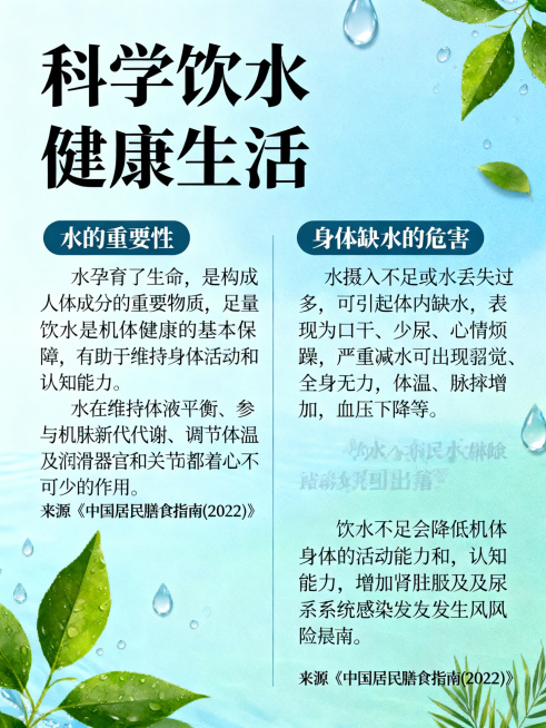 健康科普宣传海报，标题为“科学饮水 健康生活”，内容包含两部分：(一)水的重要性：水孕育了生命，是构成人体成分的重要物质，足量饮水是机体健康的基本保障，有助于维持身体活动和认知能力。水在维持体液平衡、预览效果