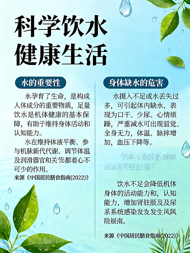 健康科普宣传海报，标题为“科学饮水 健康生活”，内容包含两部分：(一)水的重要性：水孕育了生命，是构成人体成分的重要物质，足量饮水是机体健康的基本保障，有助于维持身体活动和认知能力。水在维持体液平衡、参与机体新陈代谢、调节体温以及润滑器官和关节等方面都起着必不可少的作用。来源《中国居民膳食指南(2022)》。(二)身体缺水的危害：水摄入不足或水丢失过多，可引起体内缺水，表现为口干、少尿、心情烦躁，严重缺水可出现幻觉、全身无力，体温、脉搏增加，血压下降等。饮水不足会降低机体的身体活动能力和认知能力，增加肾脏及泌尿系统感染的发生风险。来源《中国居民膳食指南(2022)》。整体风格清新干净，以蓝色和绿色为主色调，搭配水滴、绿叶等自然元素，排版清晰主次分明。